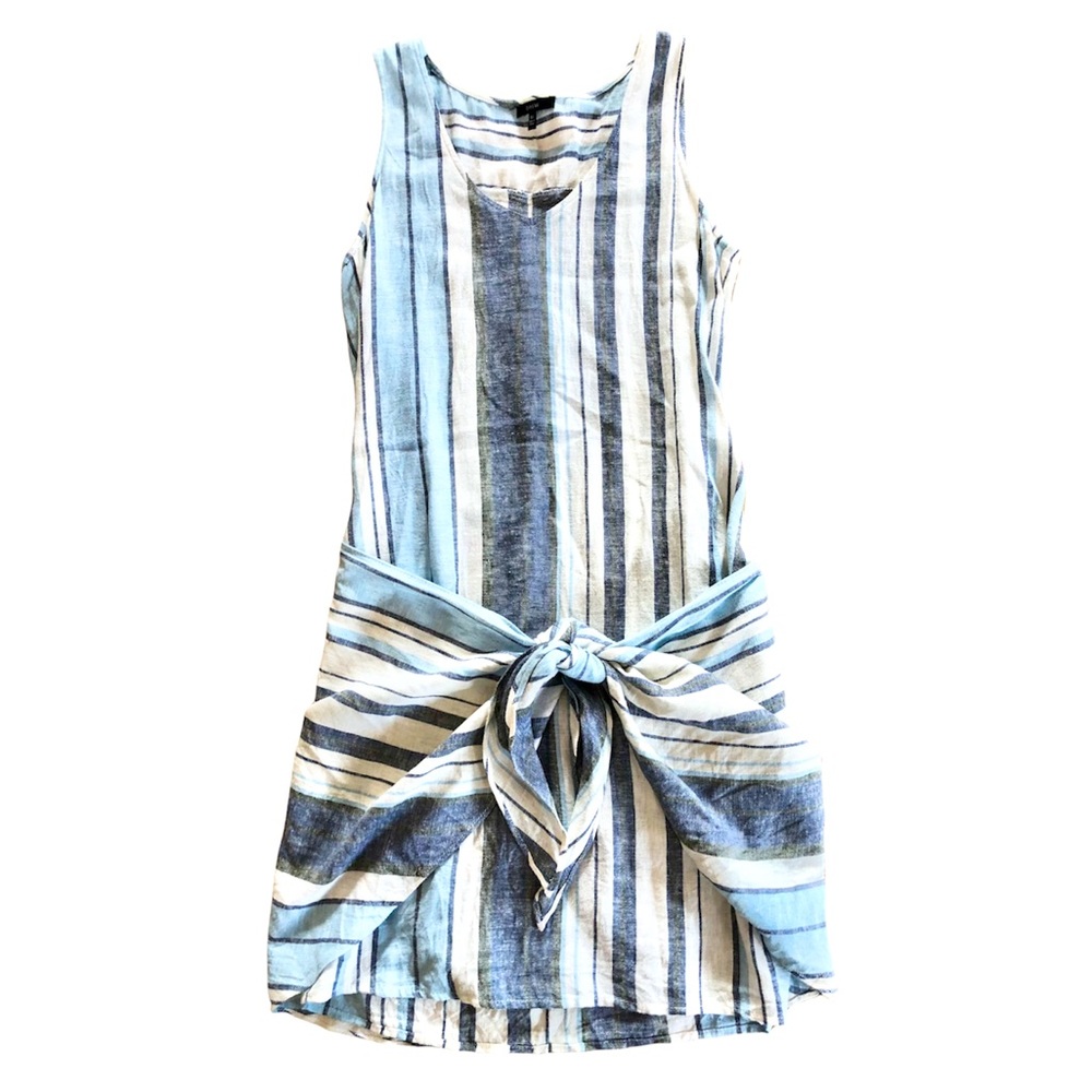 DREW Linen Blend Striped Tie-Waist Dress Blue and White Size Medium Tank Top